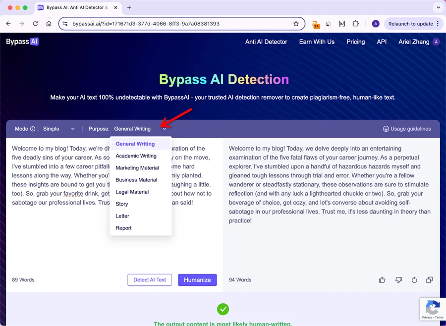 Bypass AI Writing Purpose Options