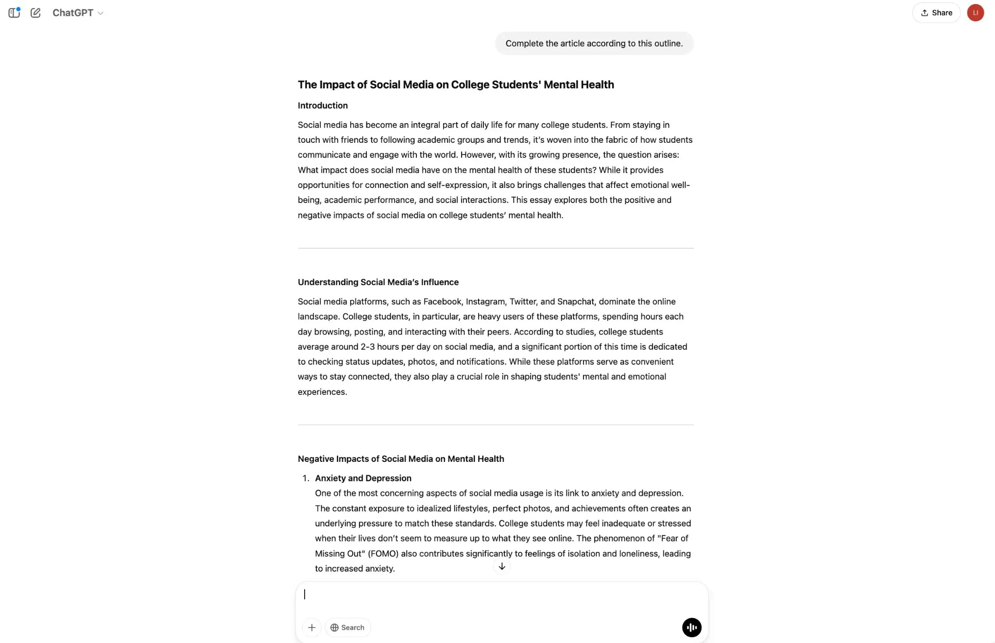 DeepAI Chatbot Output of The Impact of Social Media on College Students' Mental Health  Article