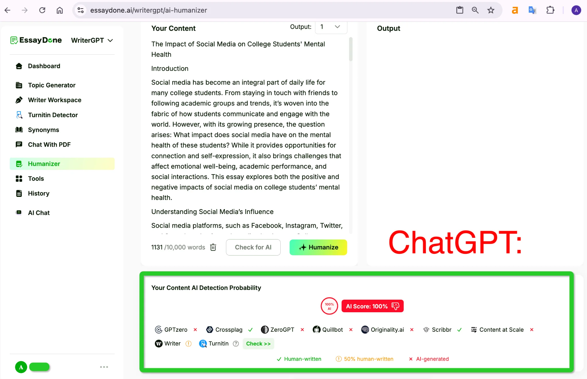 EssayDone AI Detector ChatGPT Output The Impact of Social Media on College Students' Mental Health 100 Percent AI