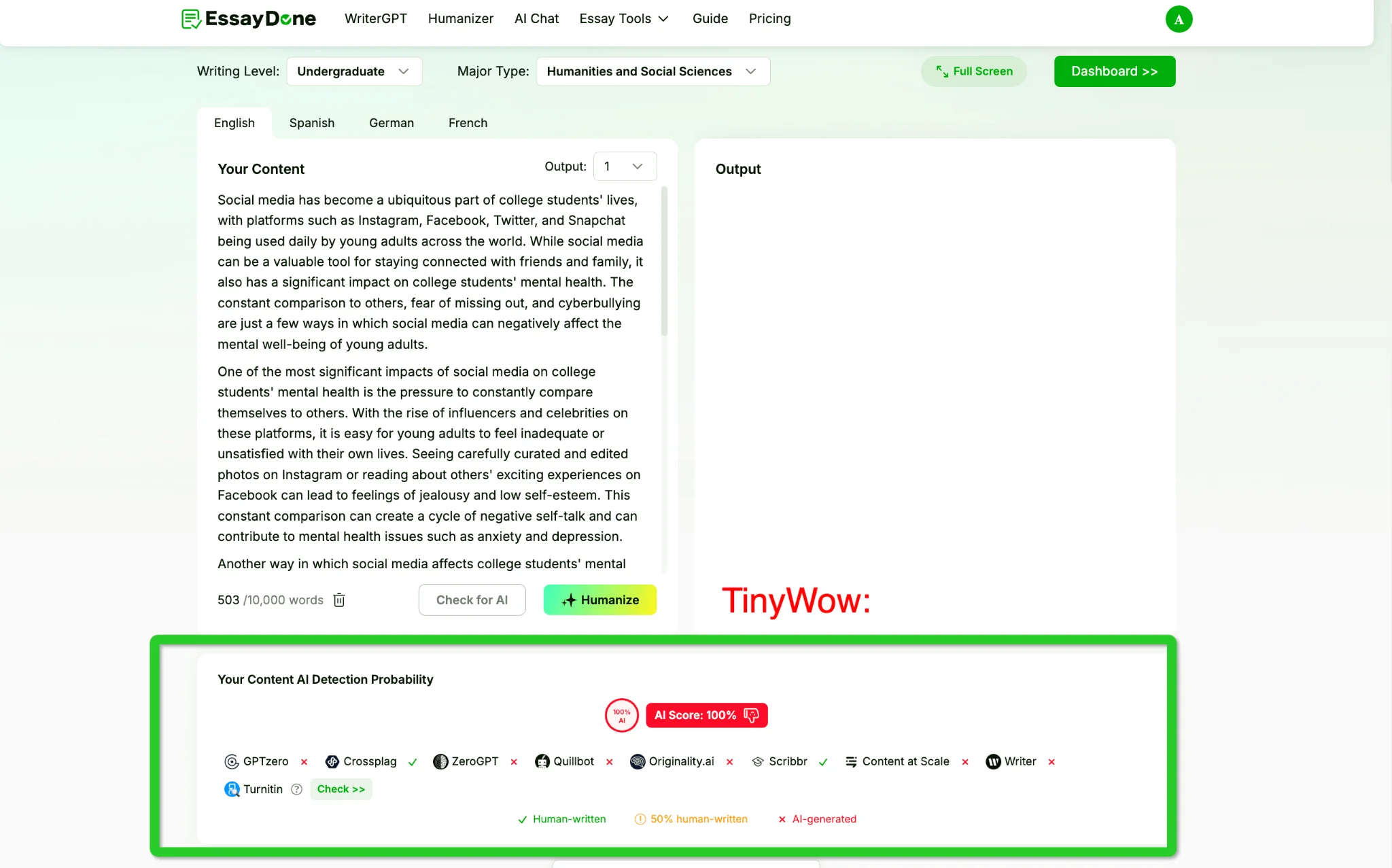 EssayDone AI Detector TinyWow 100 Percent AI