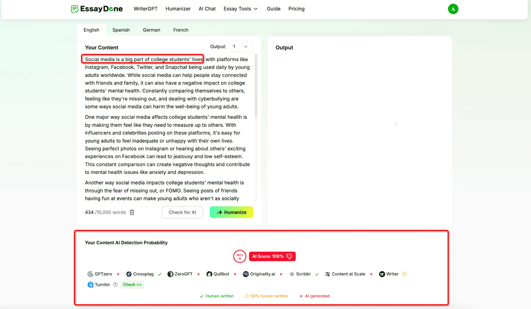 EssayDone AI Detector TinyWow AI Rephraser Output AI Score 100 Percent AI