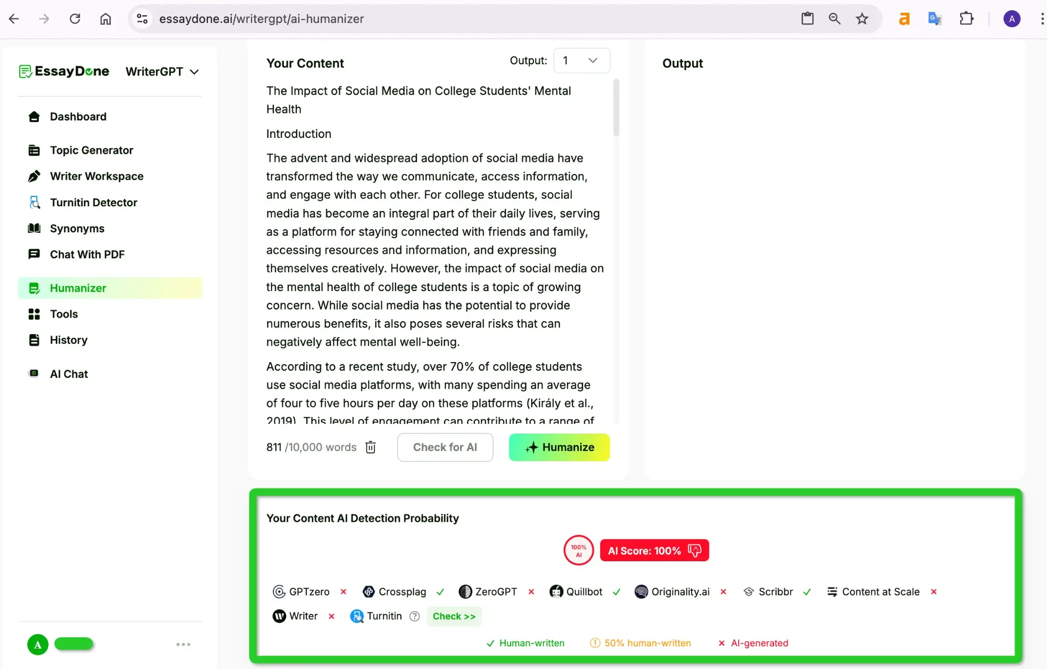 EssayDone AI Score of DeepAI Output 100 Percent AI