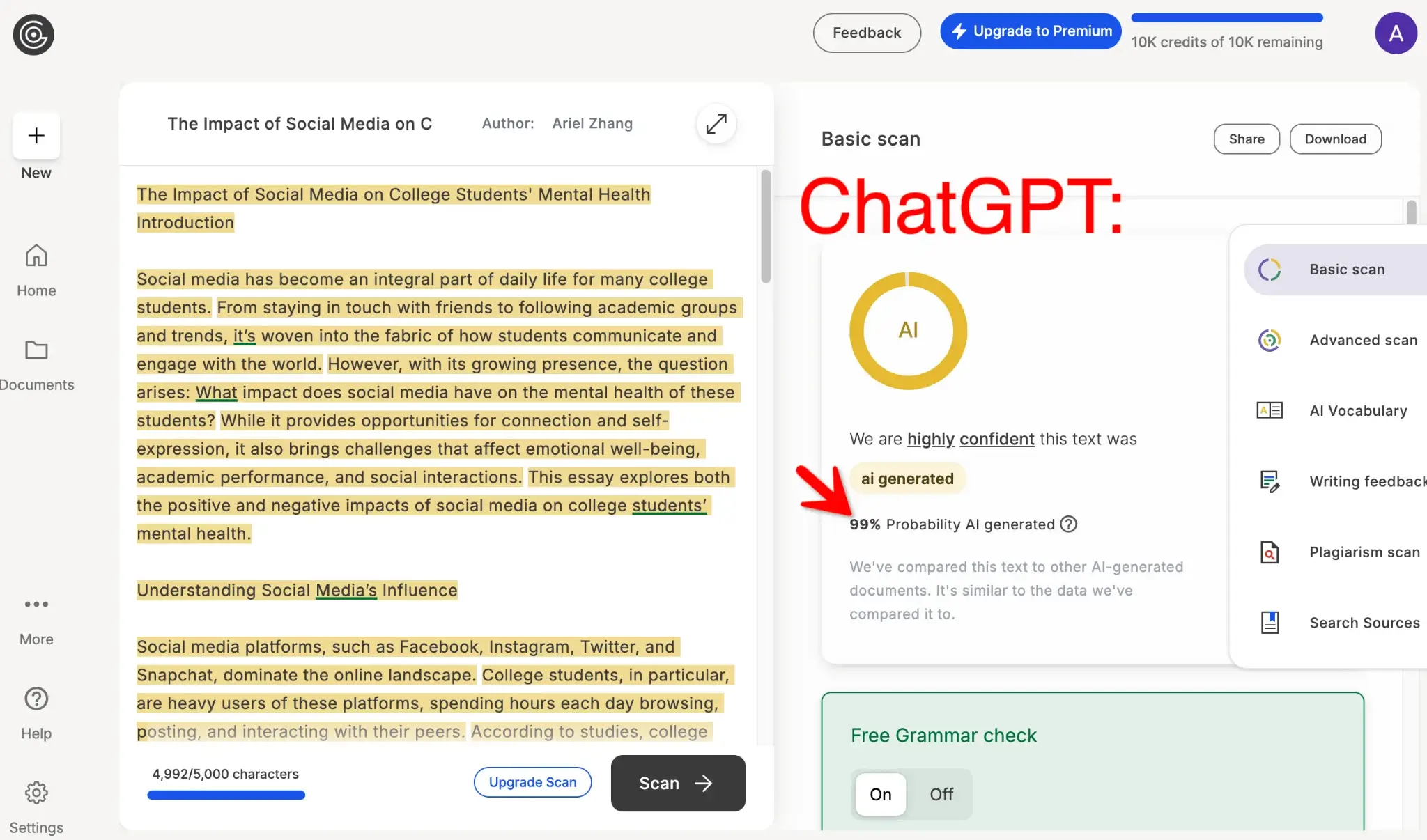 GPTZero AI Score of ChatGPT Output 99 Percent AI