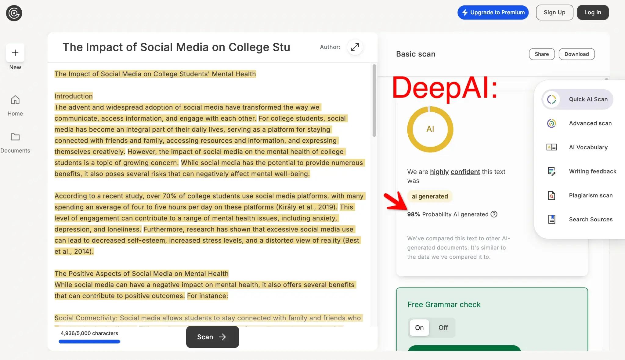 GPTZero AI Score of DeepAI Output 98 Percent AI