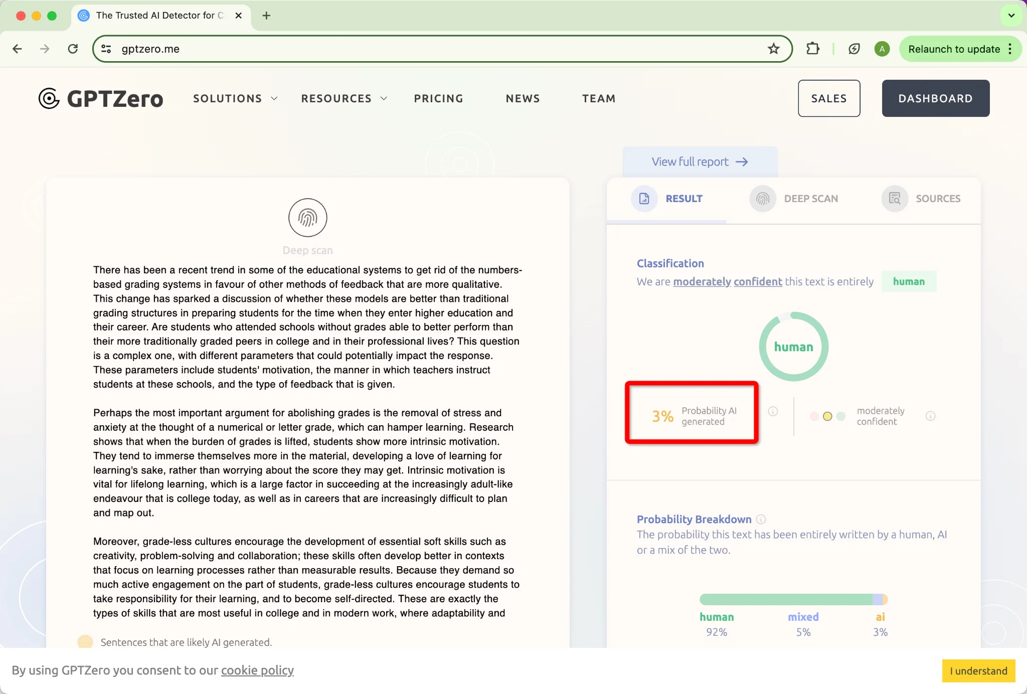 Pontuação de IA do GPTZero no Ajuste do Phrasly.ai Saída Inicial 3% IA