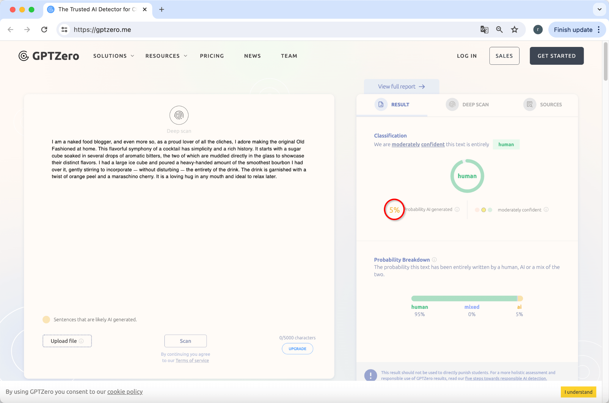 GPTzero Puntúa la Versión Enmendada de BypassGPT por Grammarly 5 Porciento IA