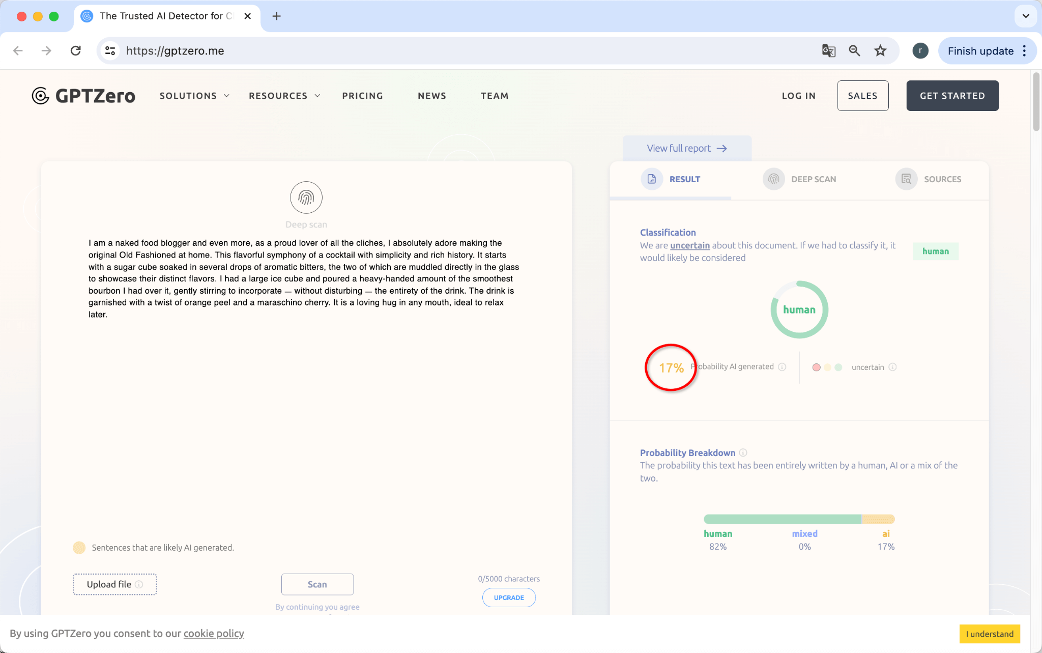 GPTZero Puntúa la Salida de ChatGPT Humanizado por BypassGPT 17 Porciento IA