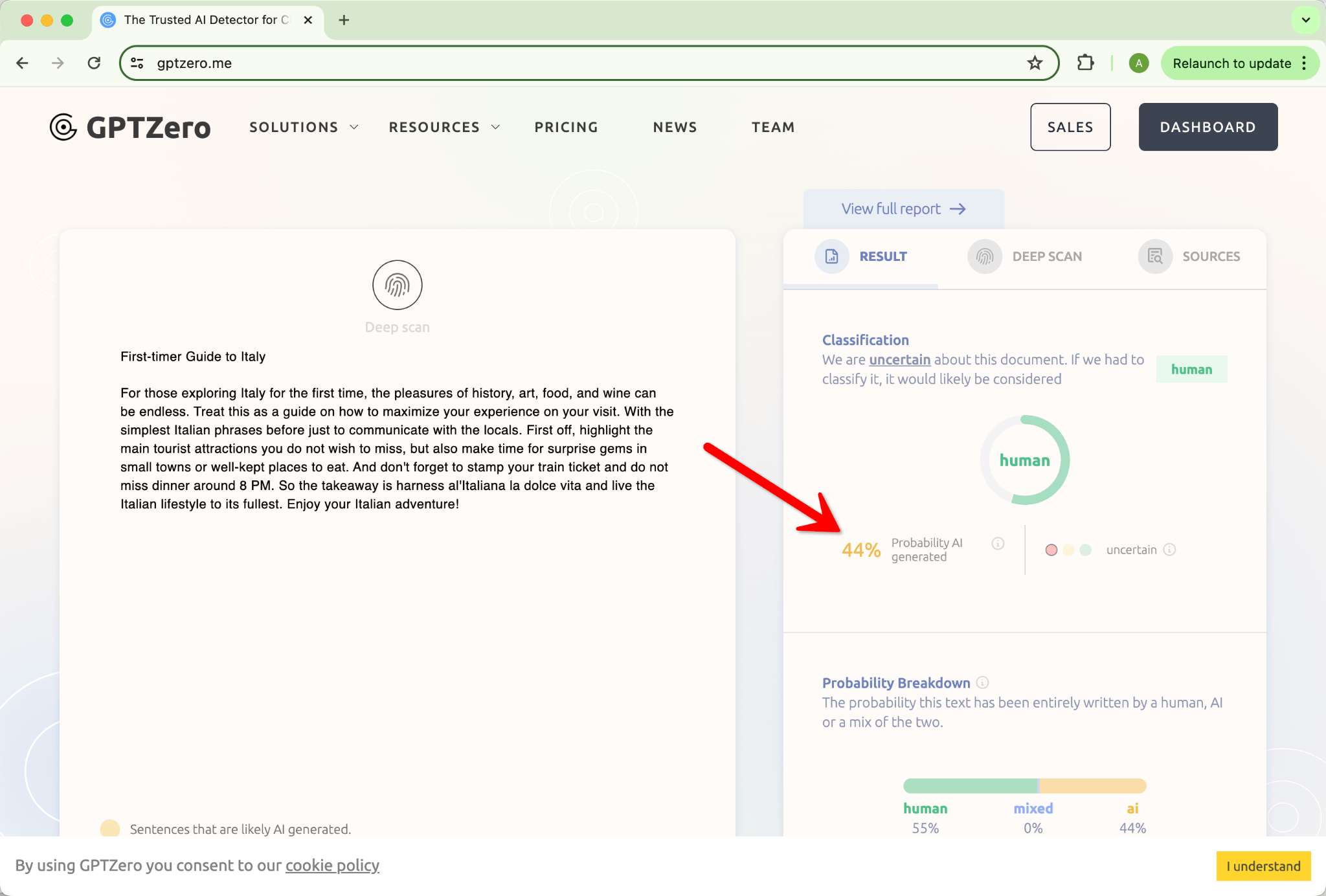 Pontuação do GPTzero para Humanização pelo HIX.AI Bypass Resultado Inicial 44% IA