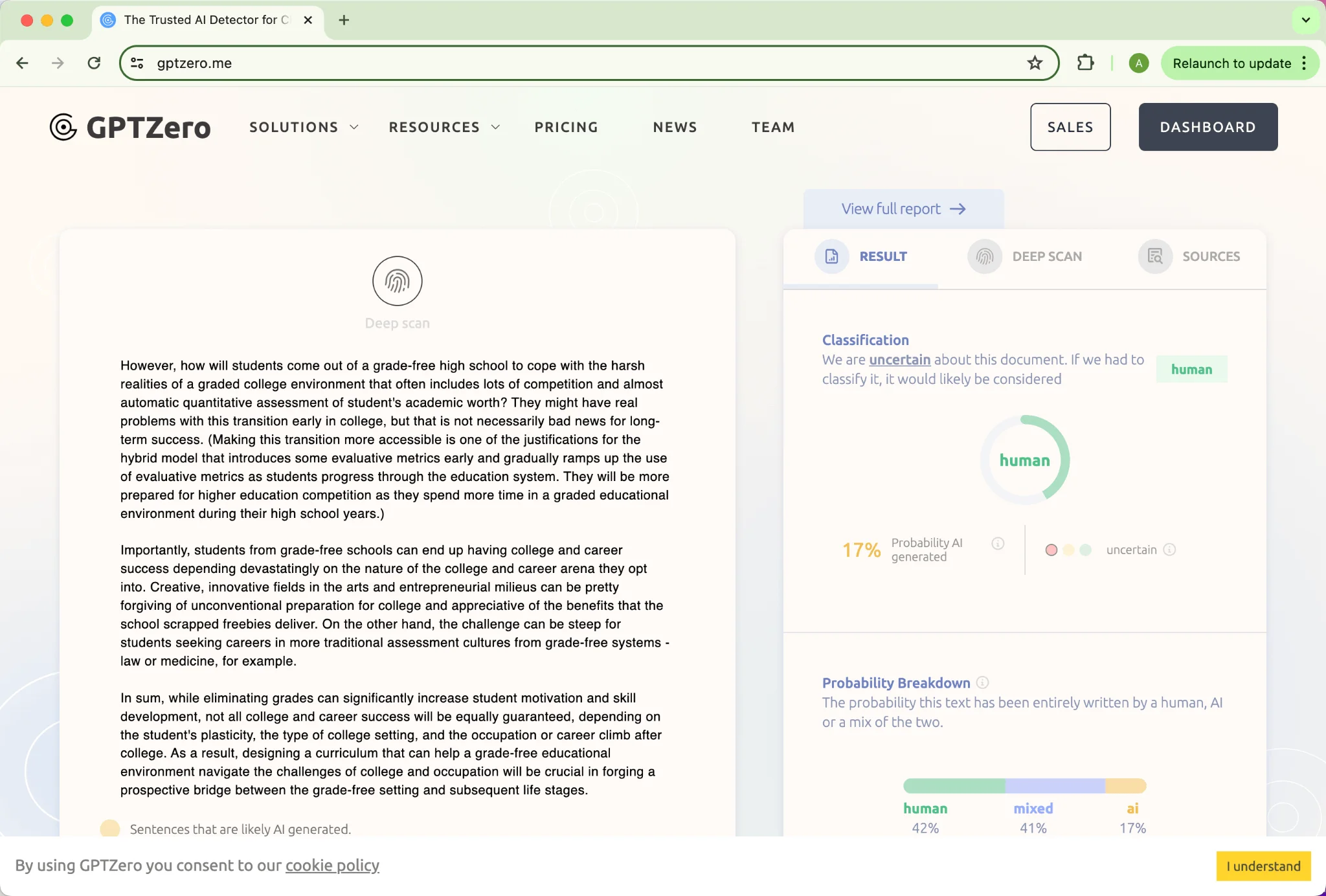 Pontuação da Versão Corrigida do Texto Humanizado da Phrasly.Ai no Grammarly no GPTzero 17% IA