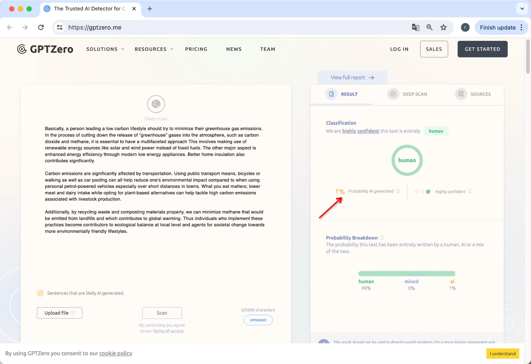 Pontuação GPTZero Texto Humanizado pelo WriteHuman 1% IA