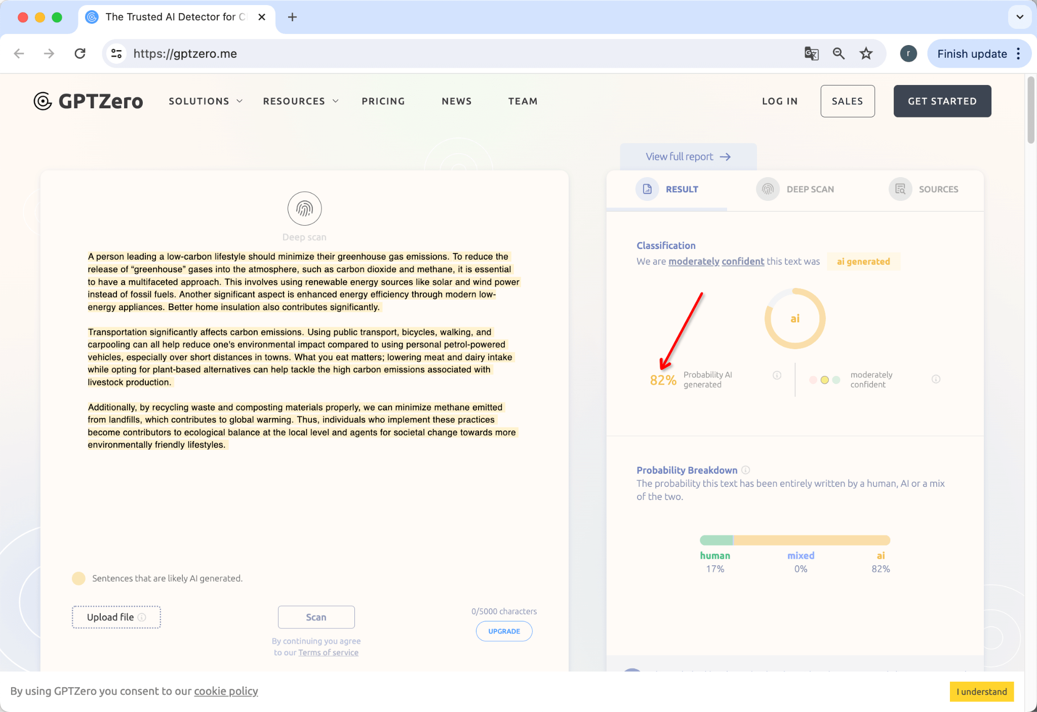 GPTzero Avaliando Texto Humanizado da WriteHuman Versão Corrigida 82 AI