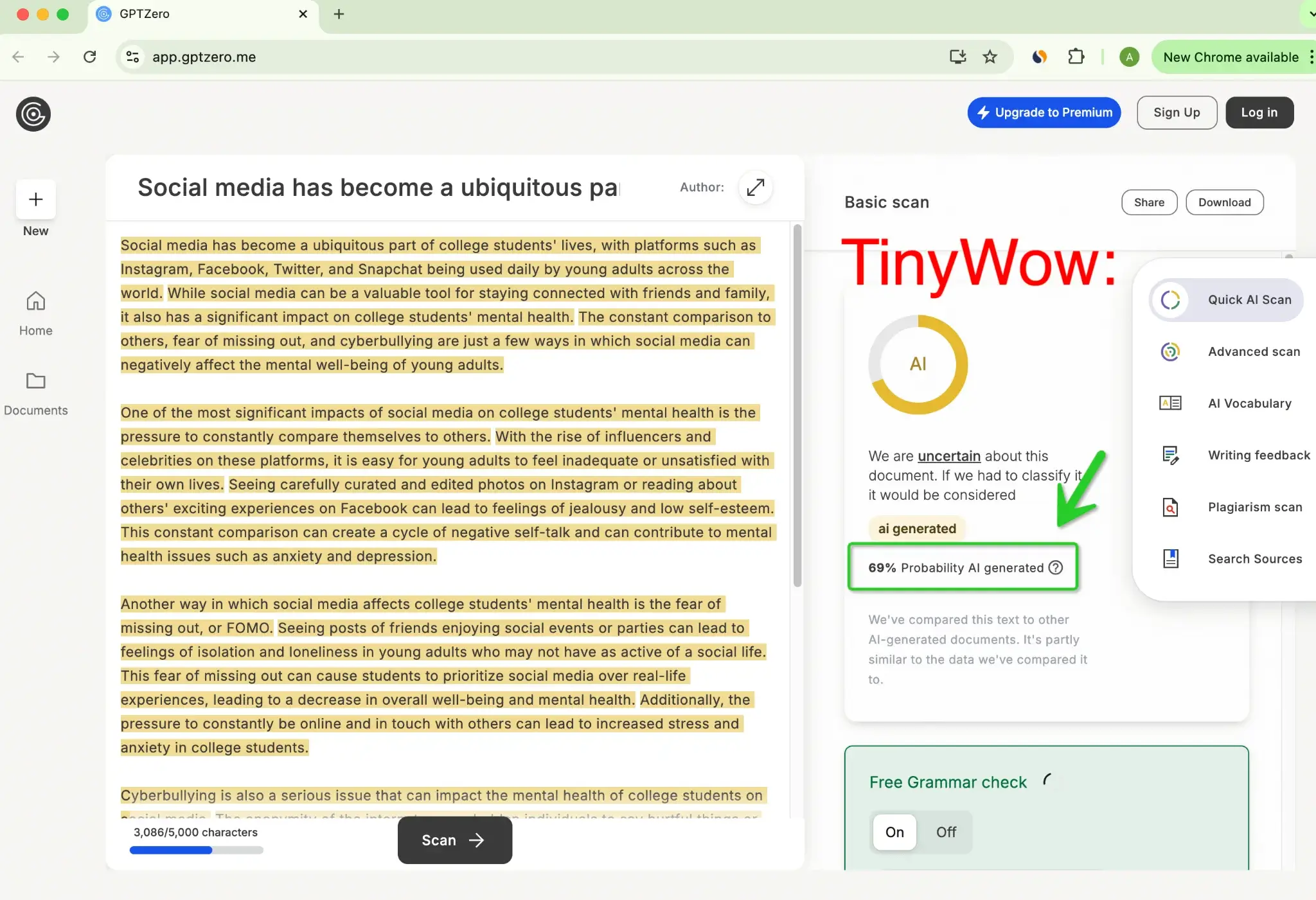 GPTZero TinyWoW 69 Percent AI