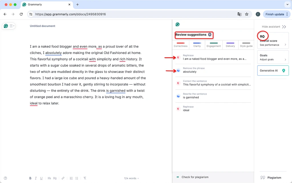 Grammarly Gave BypassGPT Humanized ChatGPT Text Initial Output A Score of 90