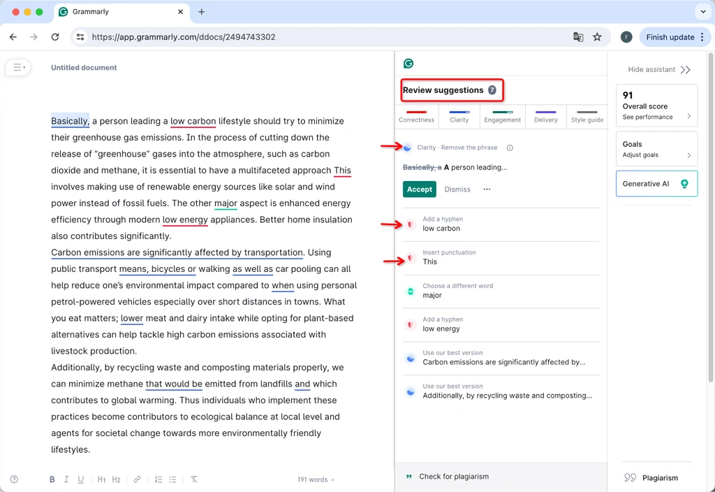 Grammarly Pro Scoring WriteHuman Humanized Text Initial Version 91