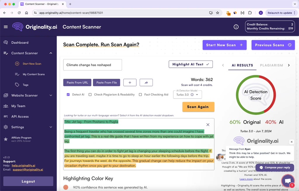 Originality.ai Scoring Stealthwriter.ai Humanized Text 40 percent AI