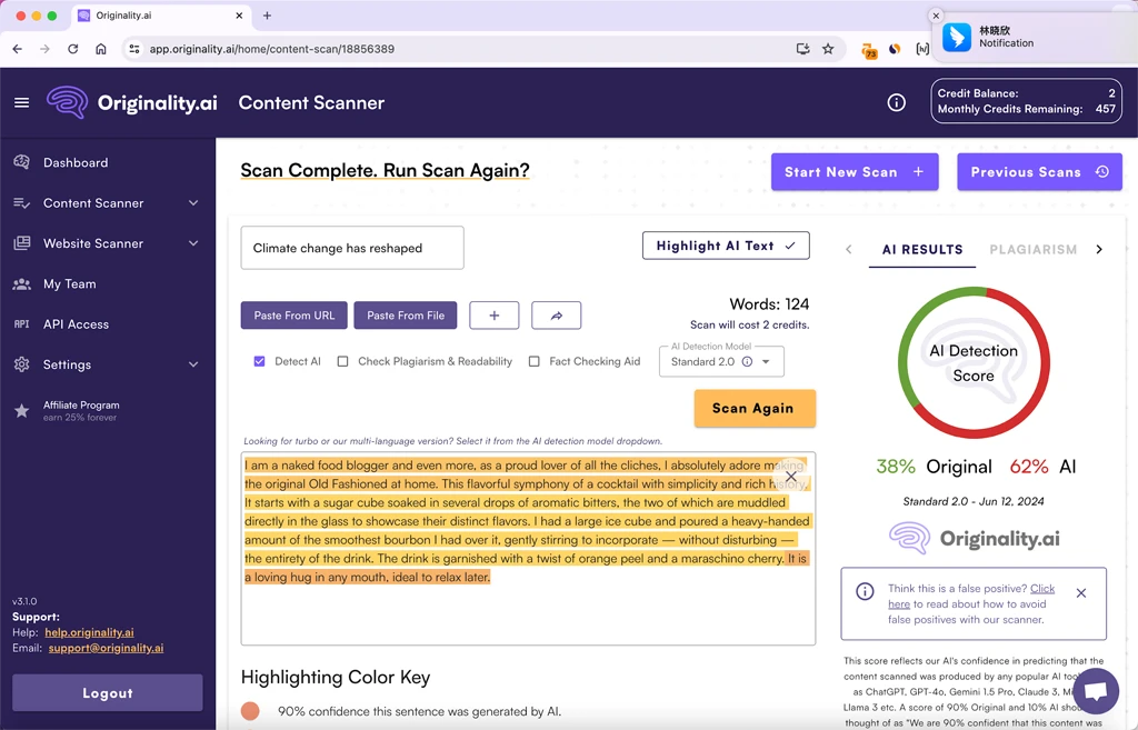 Originality Scores the Output of BypassGPT Humanized ChatGPT Text 62 Percent AI