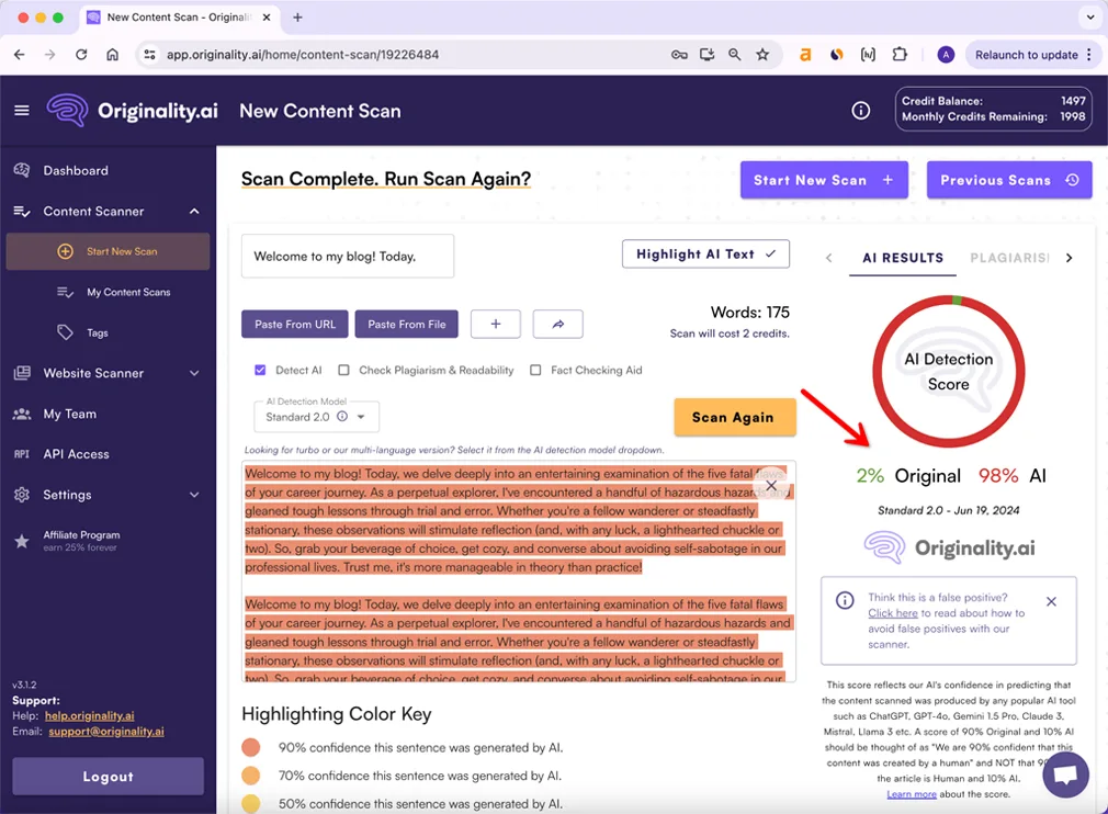 Originality Scoring Bypass AI Output Grammarly Amended Version 98 Percent AI