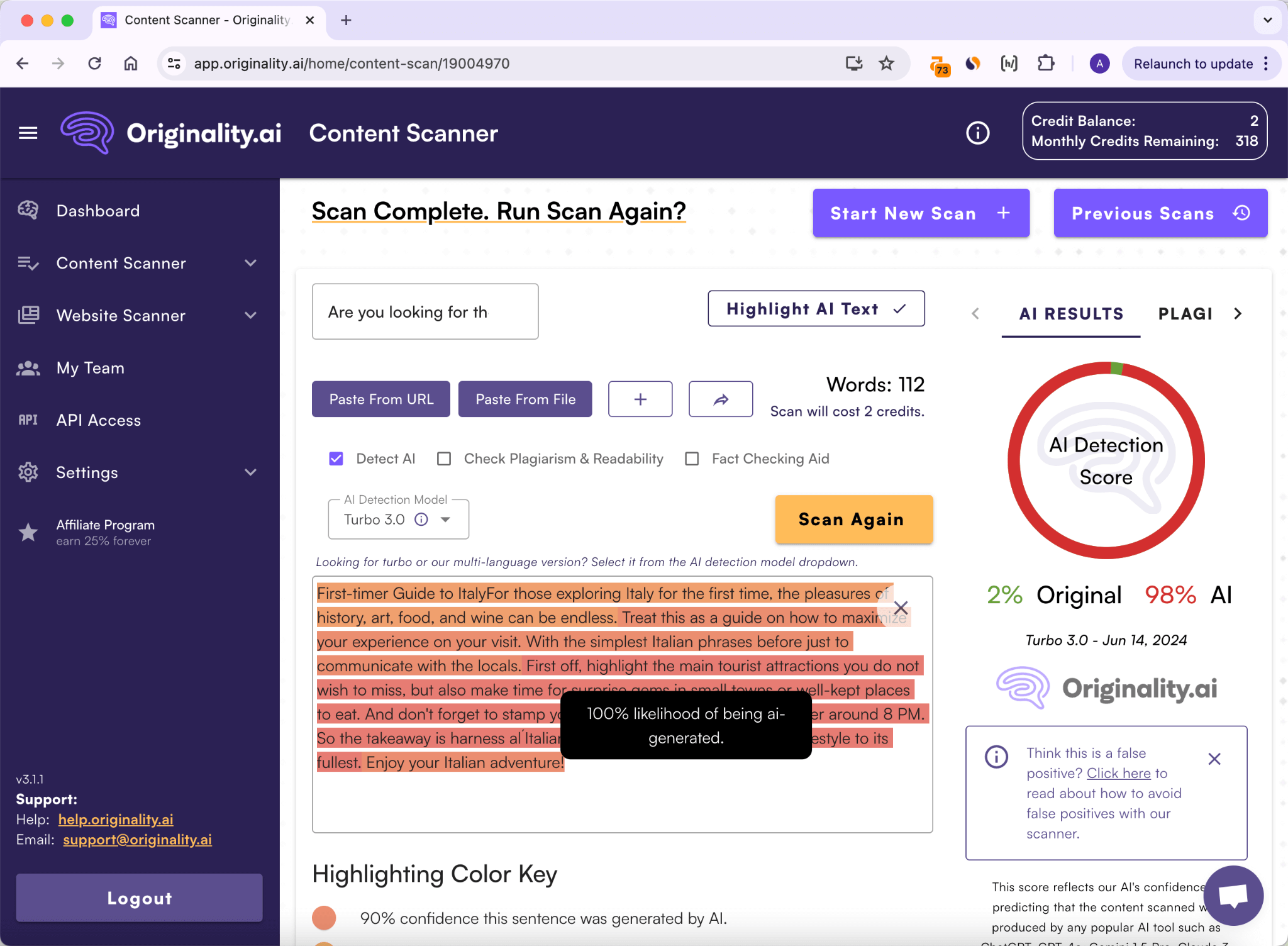 Pontuação de Originalidade para Humanização pelo HIX.AI Bypass Resultado Inicial 98% IA