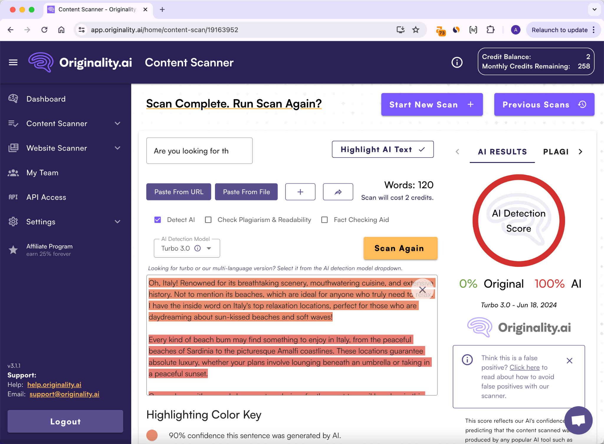 Pontuação do Originality.ai Ferramenta de Parafraseamento Saída Inicial 100 Porcento IA