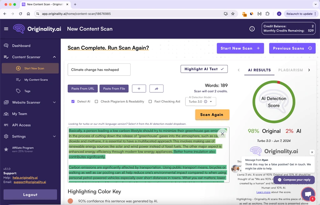 Originality.ai Scoring WriteHuman Humanized Text 2 percent AI