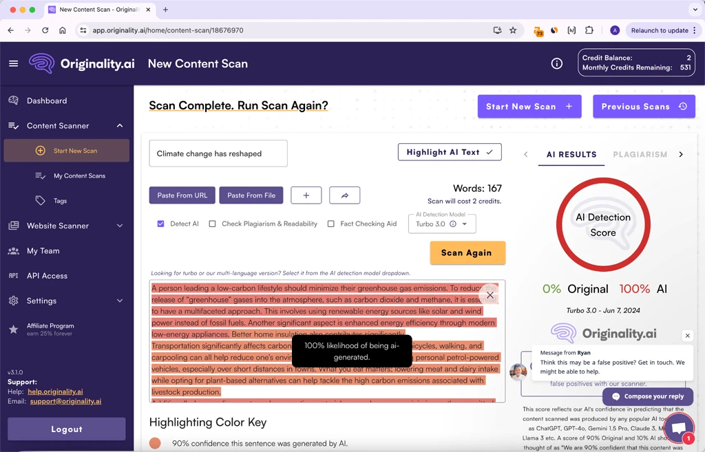 Originality.ai Scoring WriteHuman Humanized Text Amended Version 100 AI