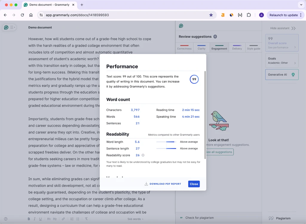 Grammarly Pro Scoring Stealthwriter.ai Humanized Text Amended Version 99 