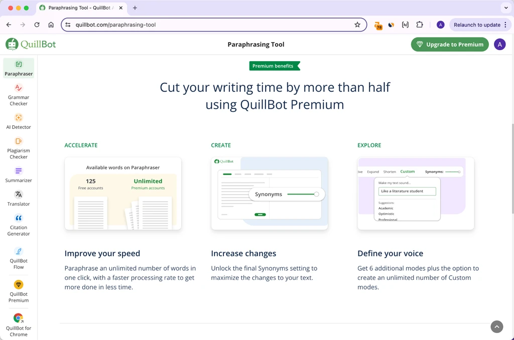 Quillbot Paraphrasing Tool Premium Features