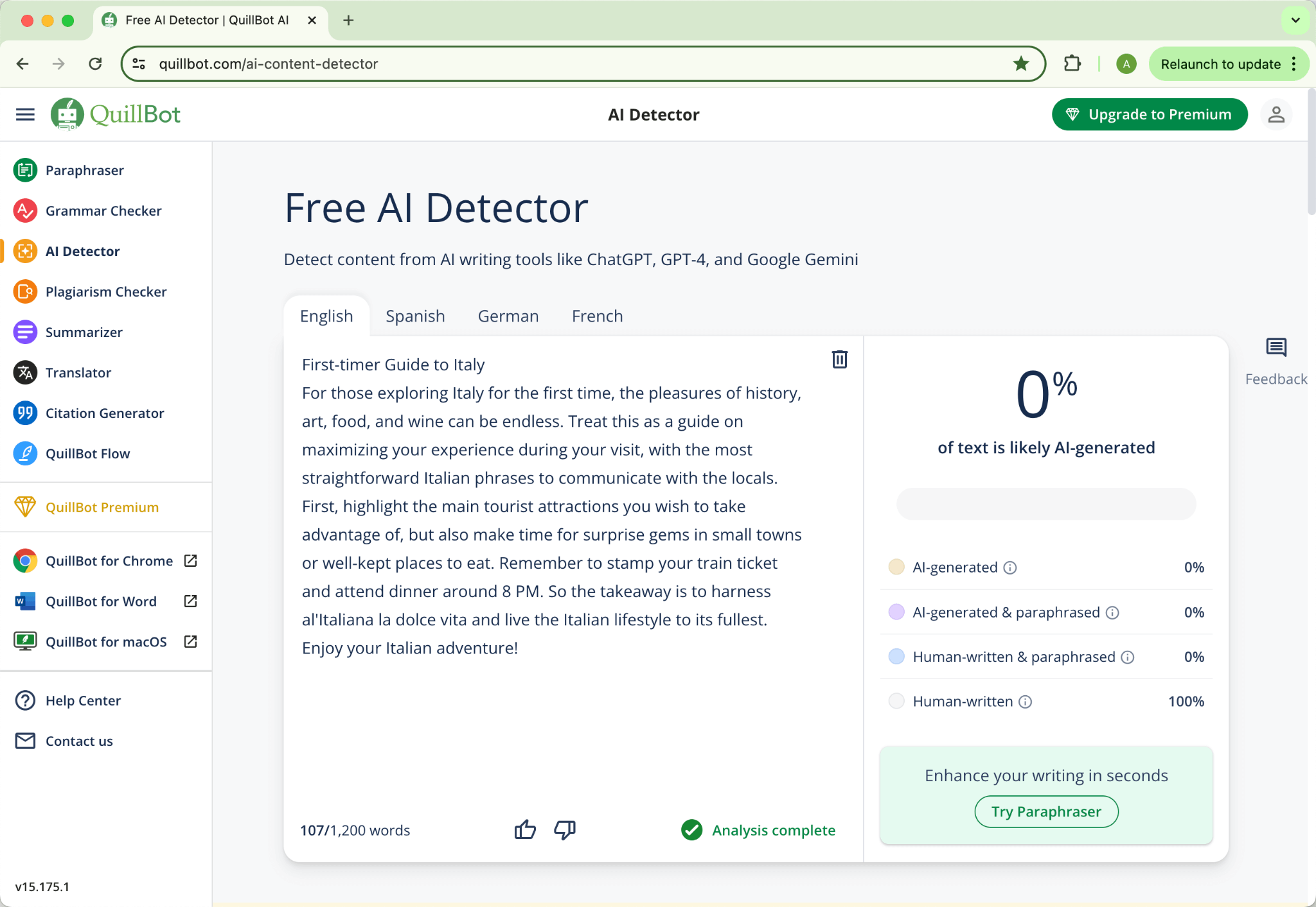 Pontuação do Quillbot no Texto Humanizado do HIX.AI Bypass Grammarly Versão Alterada 0 por cento IA