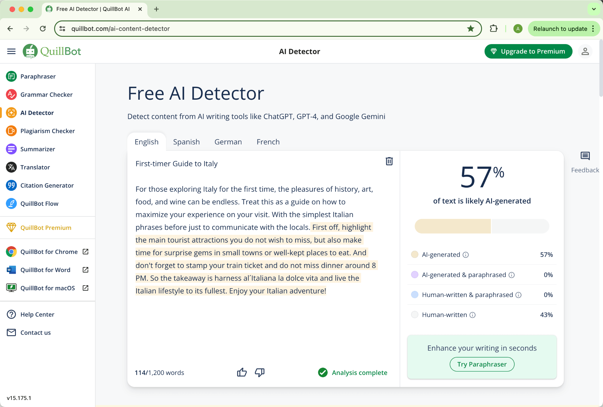 Pontuação do QuillBot para Humanização pelo HIX.AI Bypass Resultado Inicial 57% IA