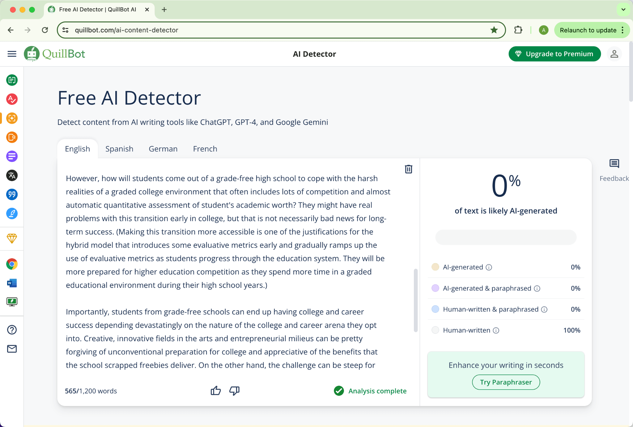 Pontuação da Versão Corrigida do Texto Humanizado da Phrasly.Ai no Grammarly no Quillbot 0% IA