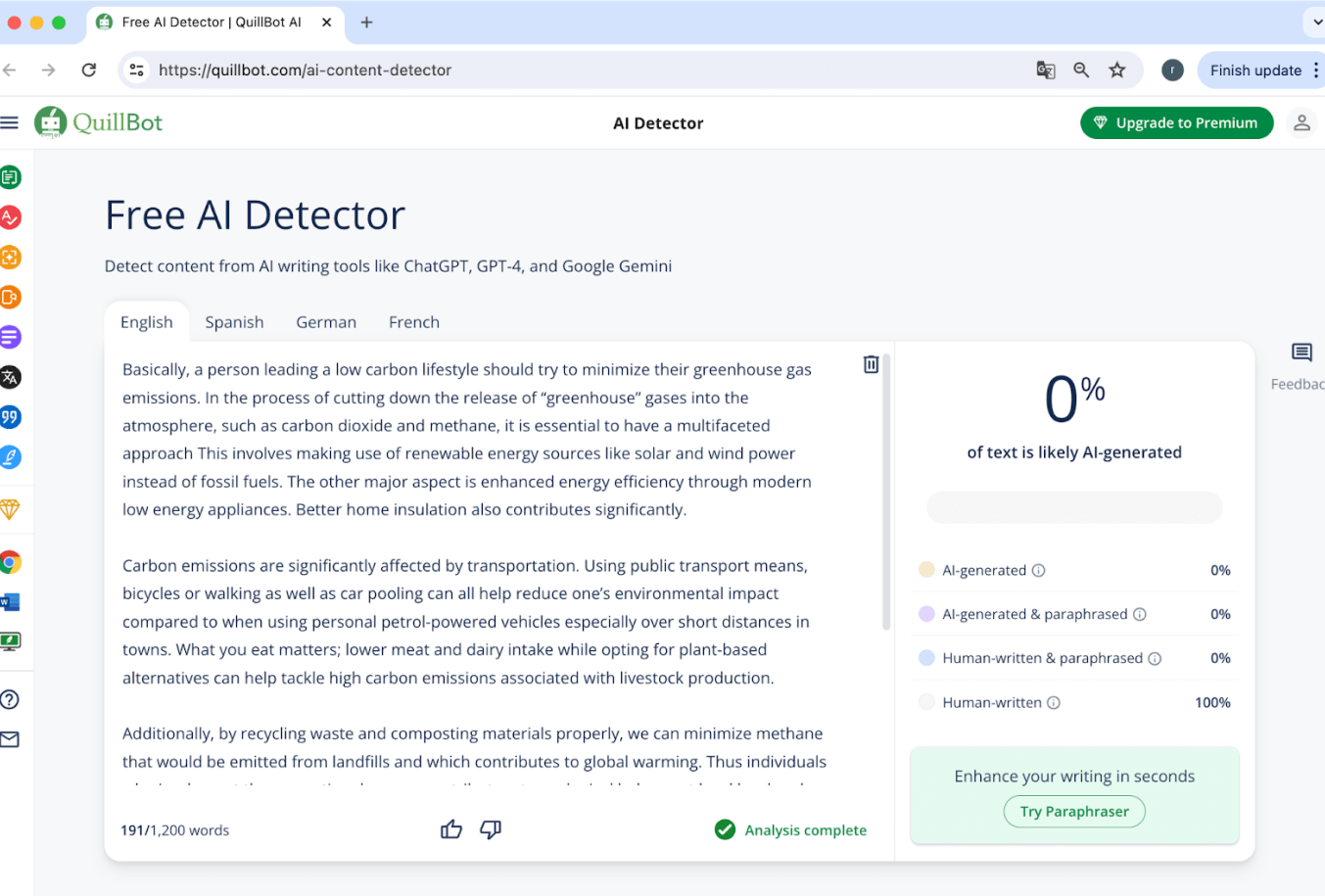 Pontuação Quillbot Texto Humanizado pelo WriteHuman 0% IA