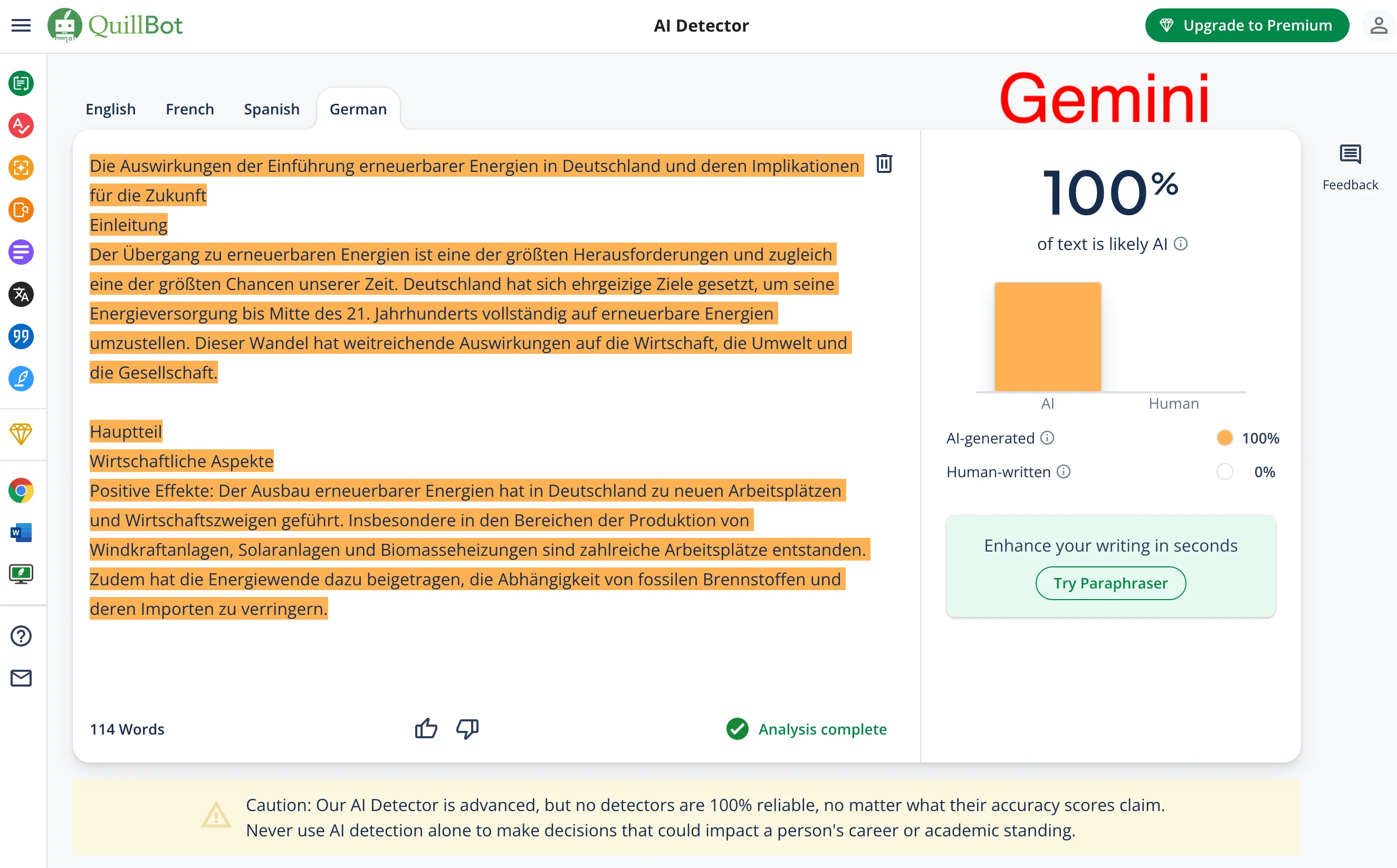 Quillbot Test Gemini 2 German Essay 100 Percent  AI