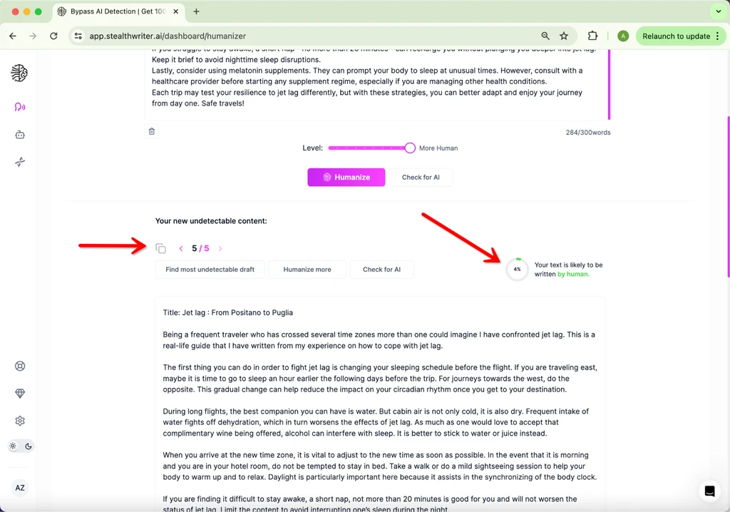 Stealthwriter.ai Humanize ChatGPT-4-Generated Text Output 4 Percent AI
