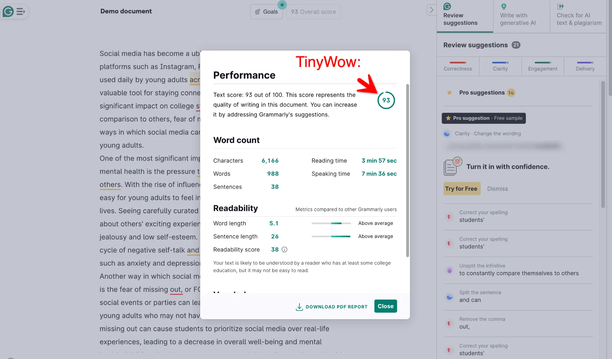 TinyWow Output Grammarly Score 93