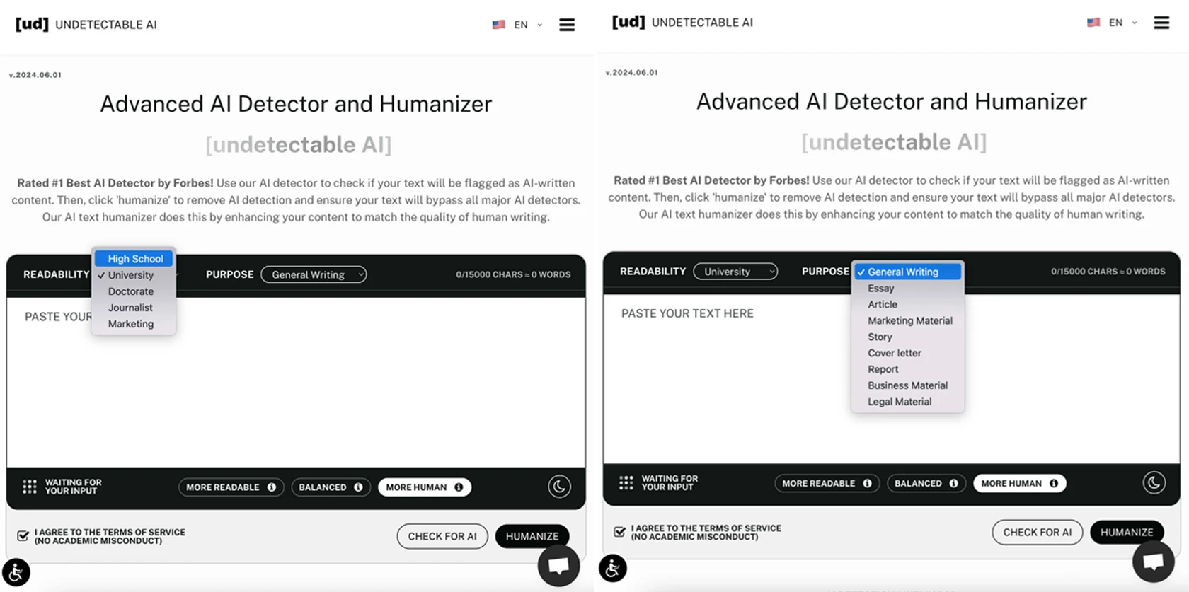 Undetectable.Ai Humanizer Readability Purposes Options