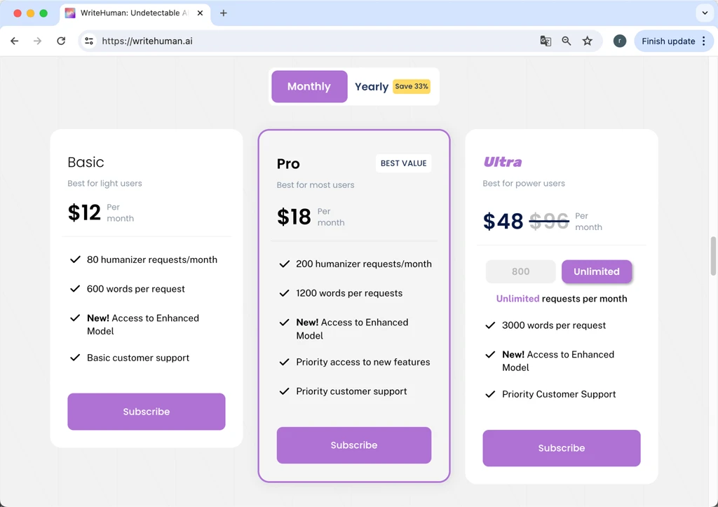 WriteHuman Pricing Monthly