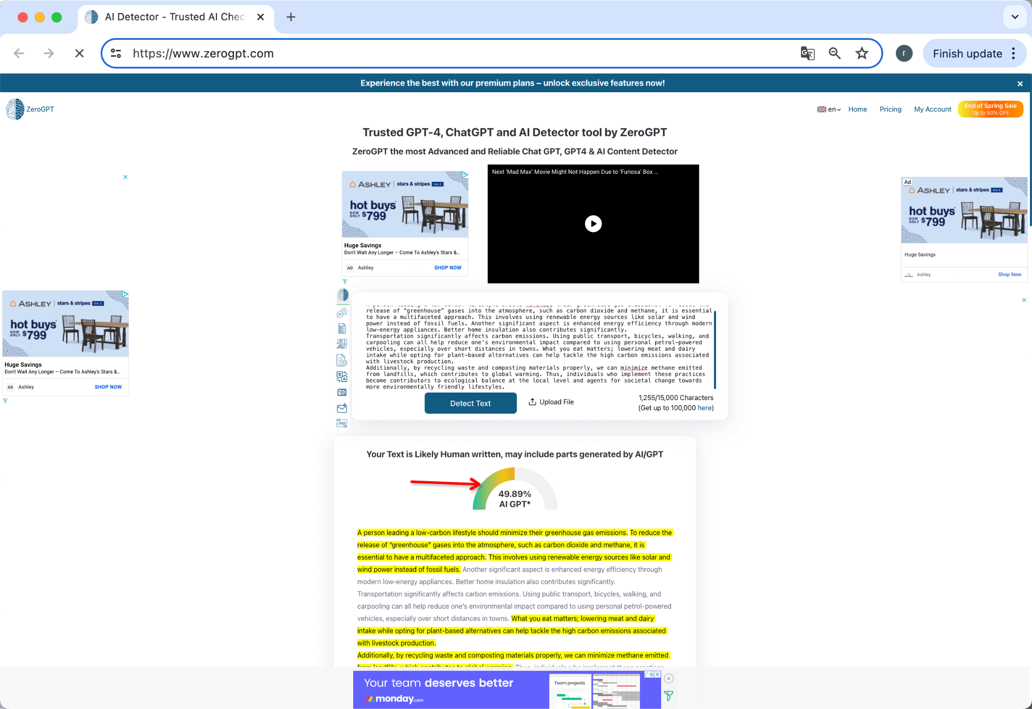 ZeroGPT Avaliando Texto Humanizado da WriteHuman Versão Corrigida 49.89 AI