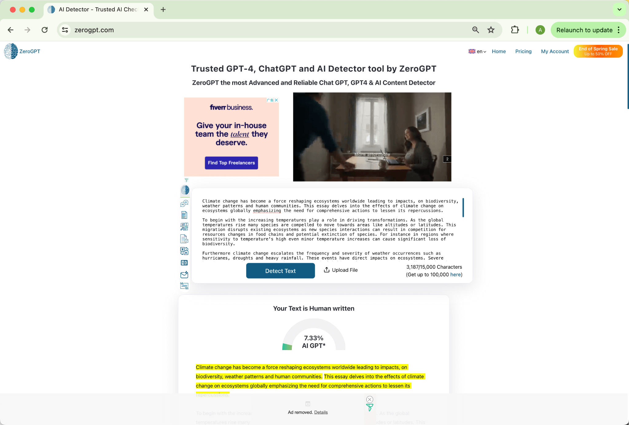 ZeroGPT Undetectable.Ai Humanización Resultado Inicial Versión Enmendada por Grammarly 7,33 IA