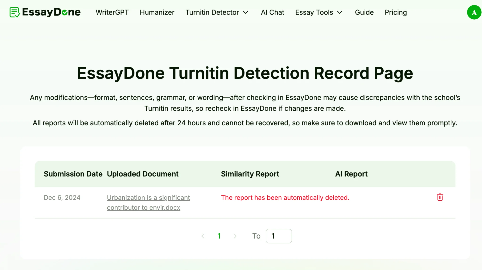 Essaydone Turnitin Detector Results Page the Report Has Been Automatically Deleted